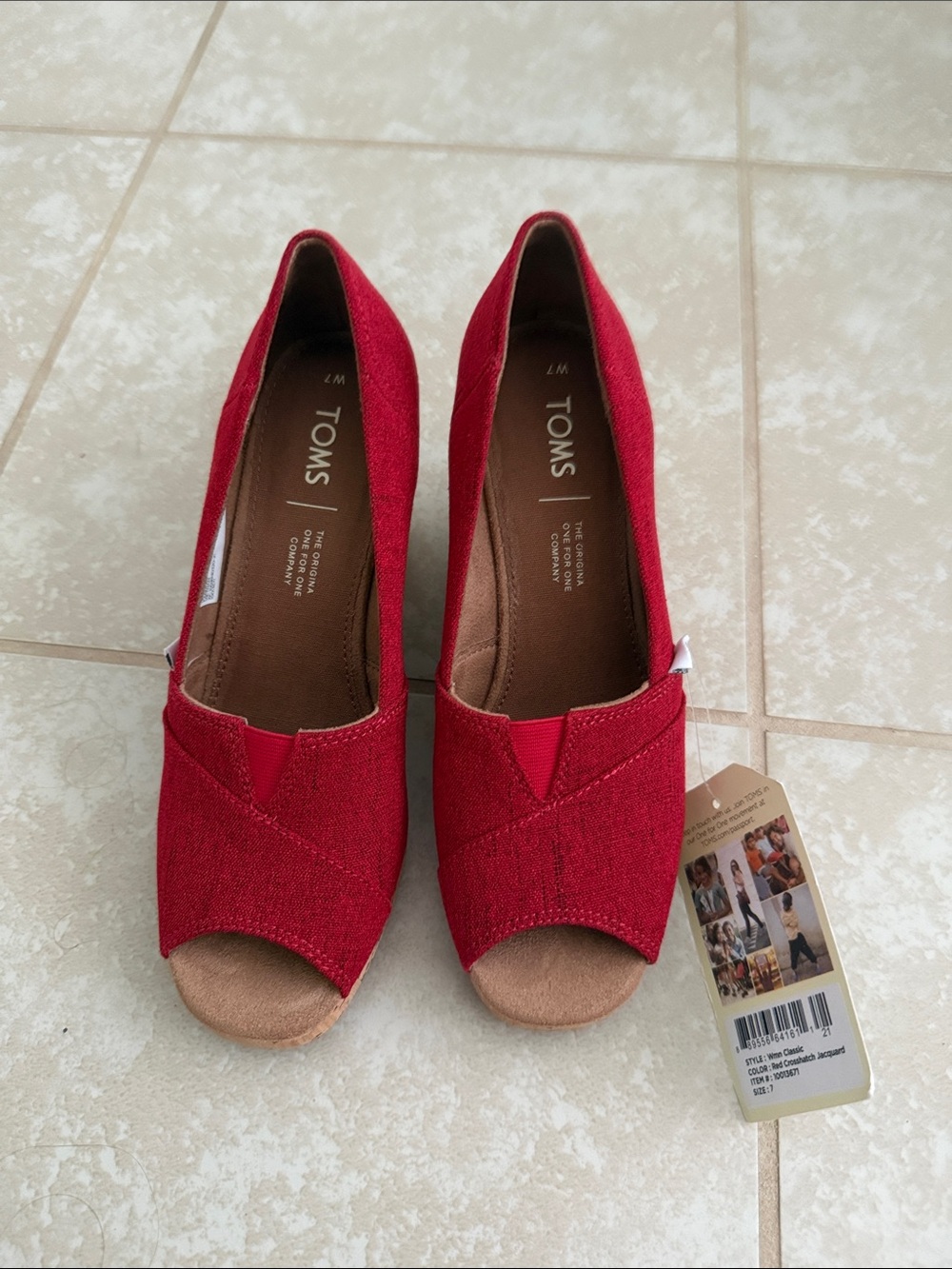 TOMS Red Calssic Canvas Peep-Toe Wedges